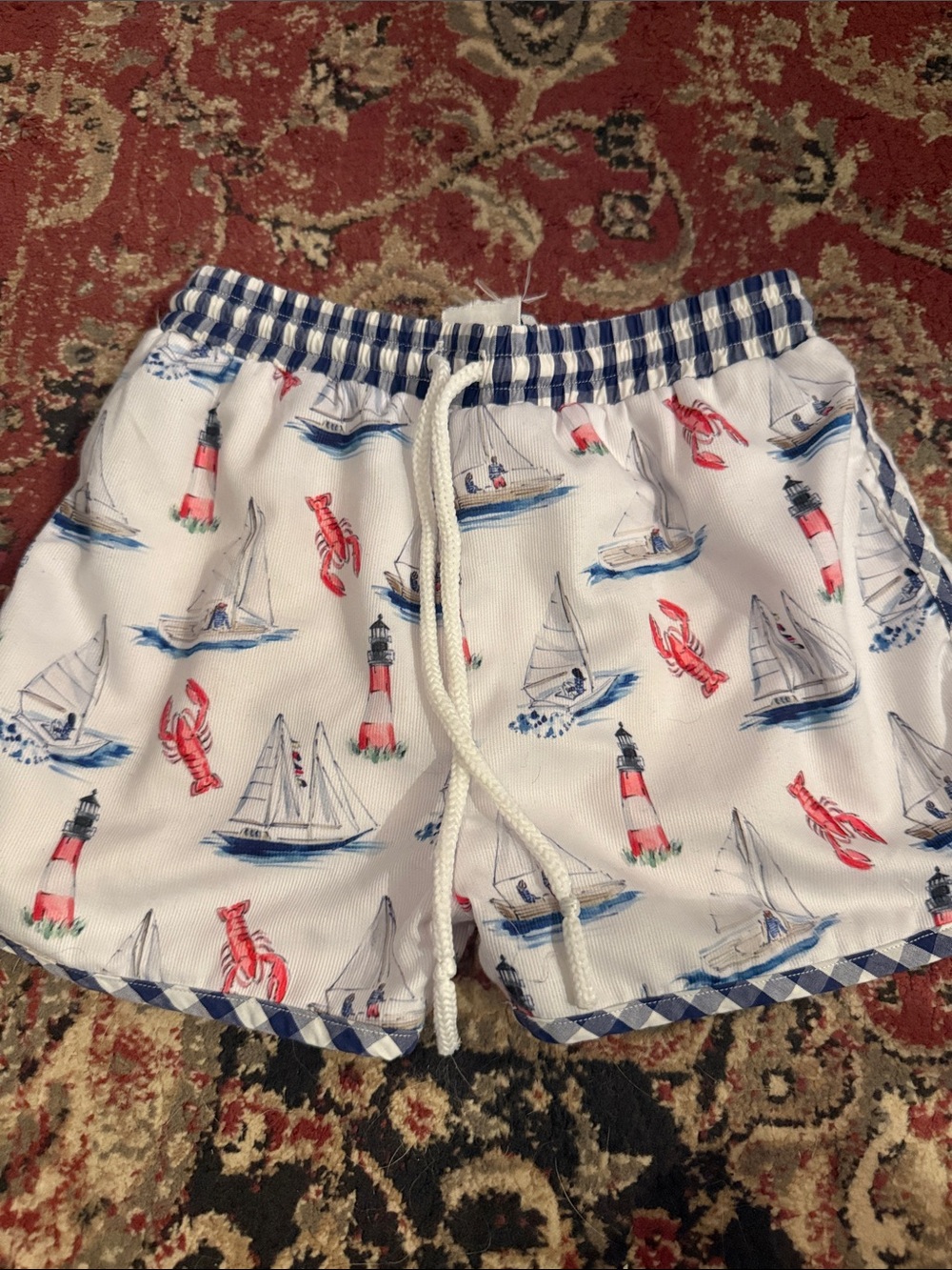 Kids White Nautical Print Swim Trunks